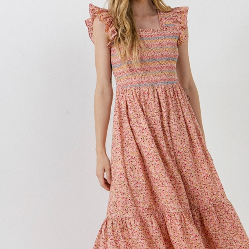 [FREE THE ROSE]Floral Smocked Detail Midi Dress