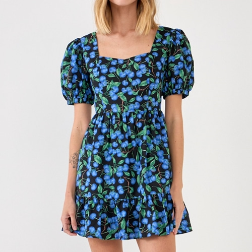 [ENGLISH FACTORY]Blueberry Print Mini Dress with Puff Sleeves