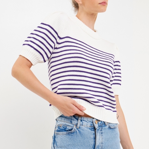 [ENGLISH FACTORY]Stripe Short Puff Sleeve Sweater_PURPLE
