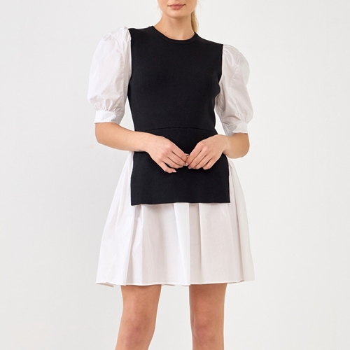 [ENGLISH FACTORY]Mixed Media Puff Sleeve Mini Dress